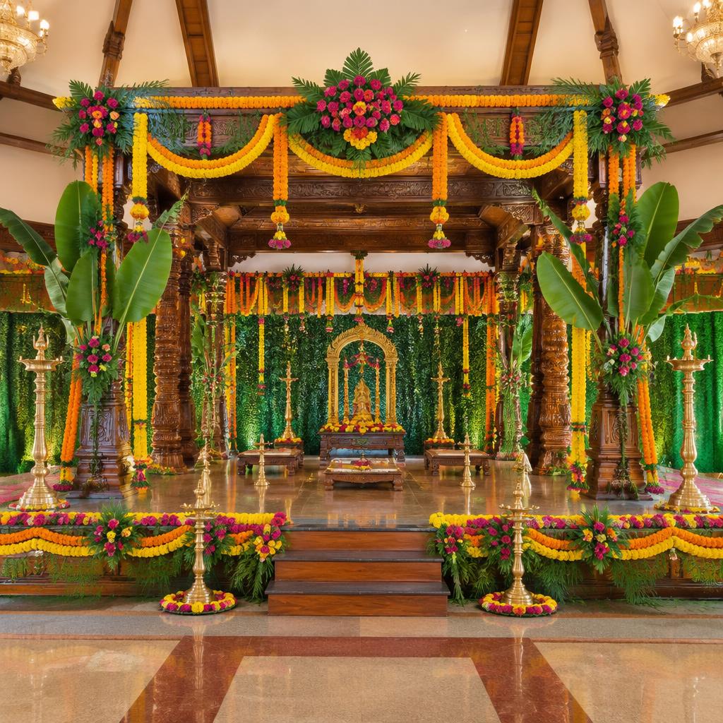 Traditional celebration decor with floral mandap and warm lighting